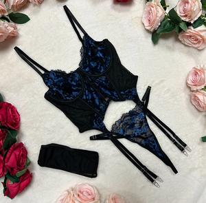 Liliosa Lingerie ALFIE Enchanted Midnight Sexy Blue Black Soft Lace Lingerie 3 Piece Bodysuit Set,  Floral Embroidery Mesh Sheer Underwear Thong Elegant Womenswear, Contrast Lace, Sexy Lingerie, Adjustable Pants Straps Detachable Matching Stockings Appare