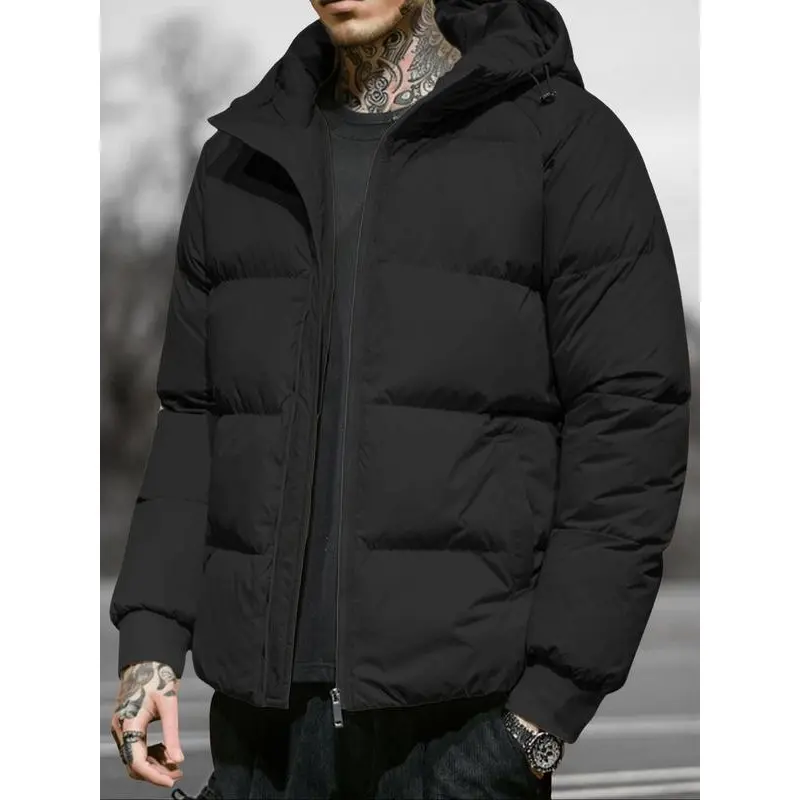 Men's Solid Pocket Drawstring Hooded Winter Coat, Regular Fit Casual Long Sleeve Zip Up Outerwear for Fall & Winter, Men's Clothes for Daily Wear