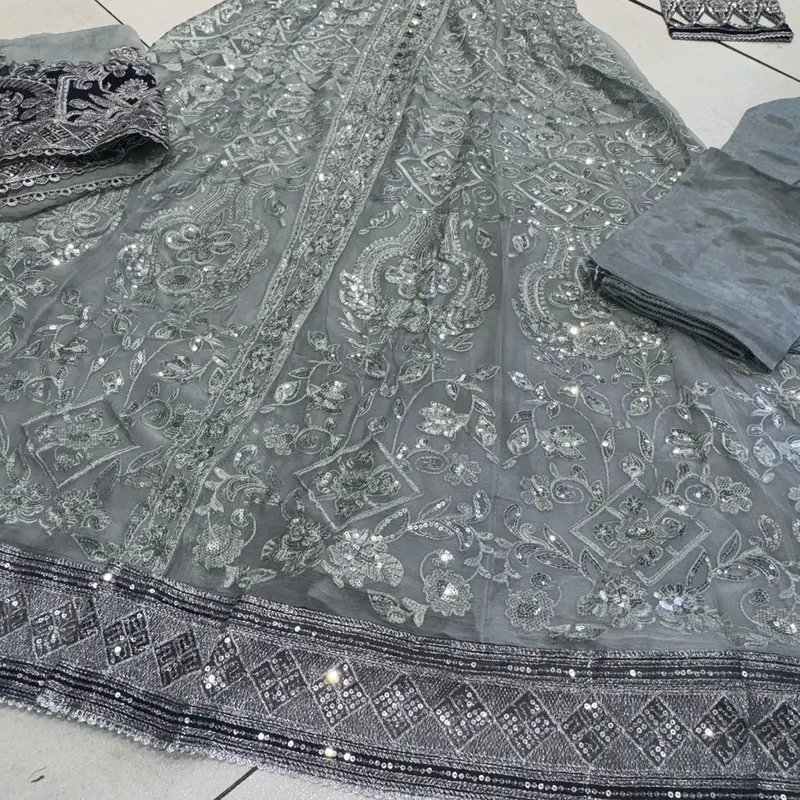 Silver/Grey JASMIN Long dress suit 3 piece Pakistani embroidered chiffon duppatta wedding edt S-XL Womenswear 3