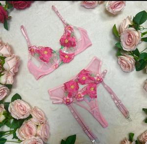 LILIOSA LINGERIE Fuschia -  Baby Pink & Hot Pink Flower Set 3 piece lingerie set (Clasp Bra + Clasp Garter + Adjustable) Everyday Floral Womenswear Comfortable  Feminine Comfort, Christmas Gift, Chic Winter Everyday Comfort Lingerie