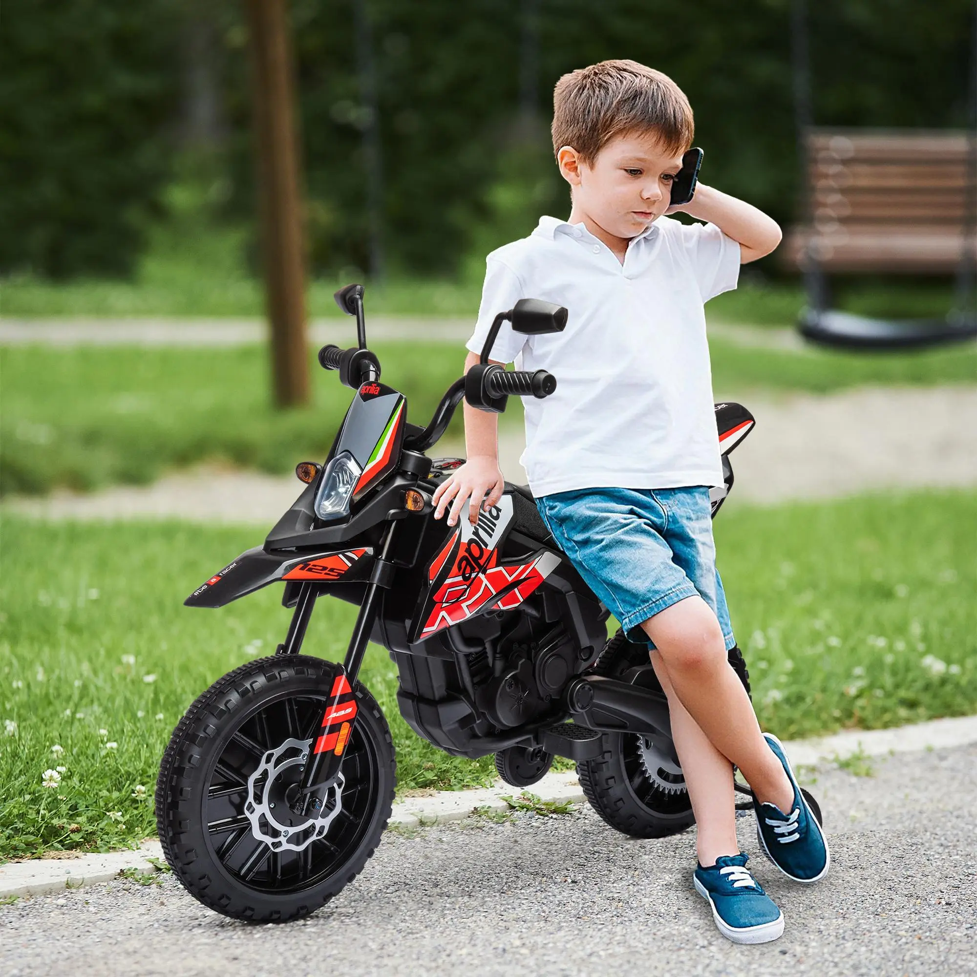 AIYAPLAY 12V Kids Motorbike, Aprilia Licenced Kids Electric Motorbike with Training Wheels, Spring Suspension, LED Light, Music, USB, Kids Electric Bike for Boys Girls