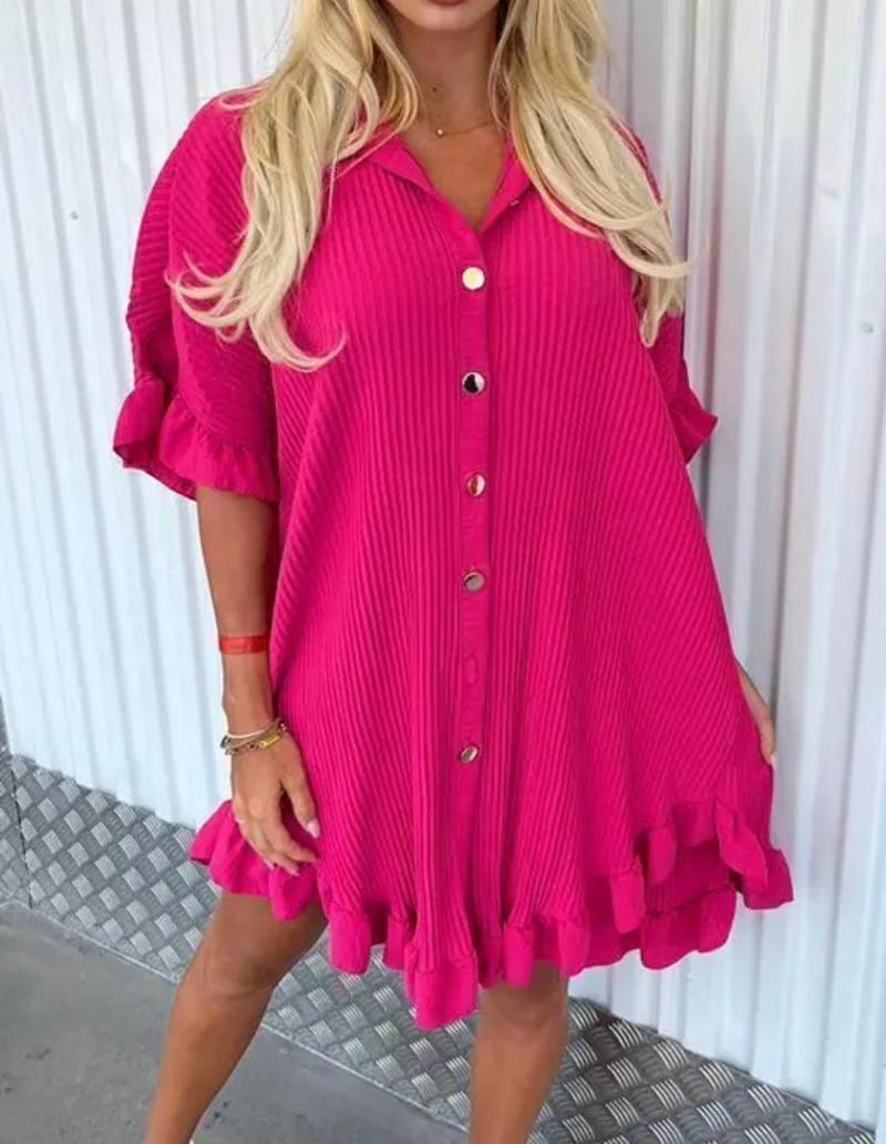 Product Introduction of Women’s Ladies Gold Button Pleated Frill Summer Shirt Swing Mini Dress Viral TikTok Top Casual Fabric 19