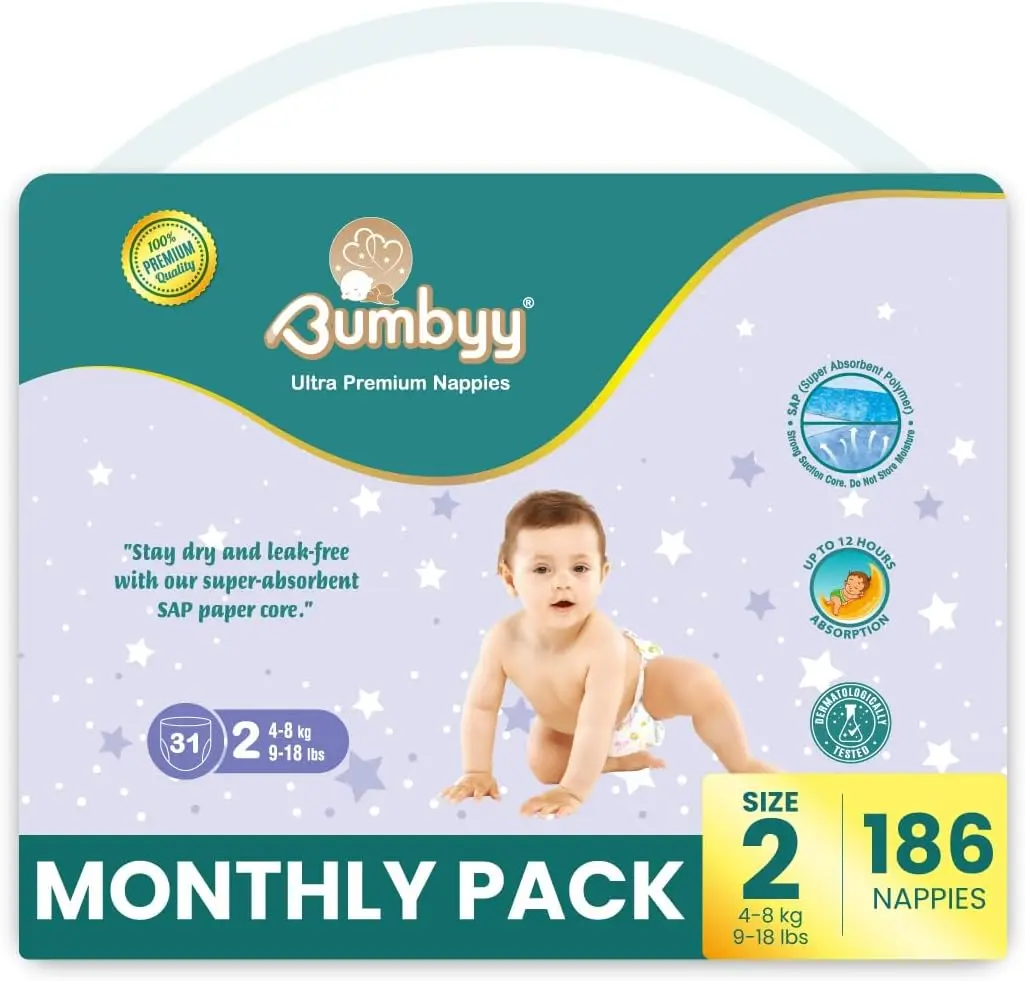 Bumbyy Premium Baby Nappies Size 2 (4-8/kg/9-18lbs) - 186 Count Savings Pack - Chemicals Free and Dermatologically Tested Newborn Nappies - Hypoallergenic Soft & Thin Diapers for Most Sensitive Skin