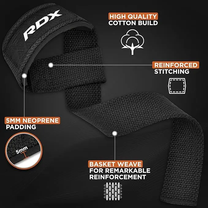 RDX Weight Lifting Straps Deadlifting Powerlifting, 5MM Neoprene Wrist Support, Anti Slip 60CM Hand Bar Grip, Heavy Duty Bodybuilding Weightlifting Workout, Soft Cotton, Strength Training Gym Fitness 2
