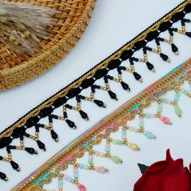 2 Yrds Beaded Multicoloured Fringe Scalloped Shape Pearl Vintage Style Trim Ribbon Sewing on Edging Perfect for adding a touch of vintage charm to wedding stationery or craft projects Decoratiing Lamp Shade,Curtain edging,table cloth edging Decoration 1