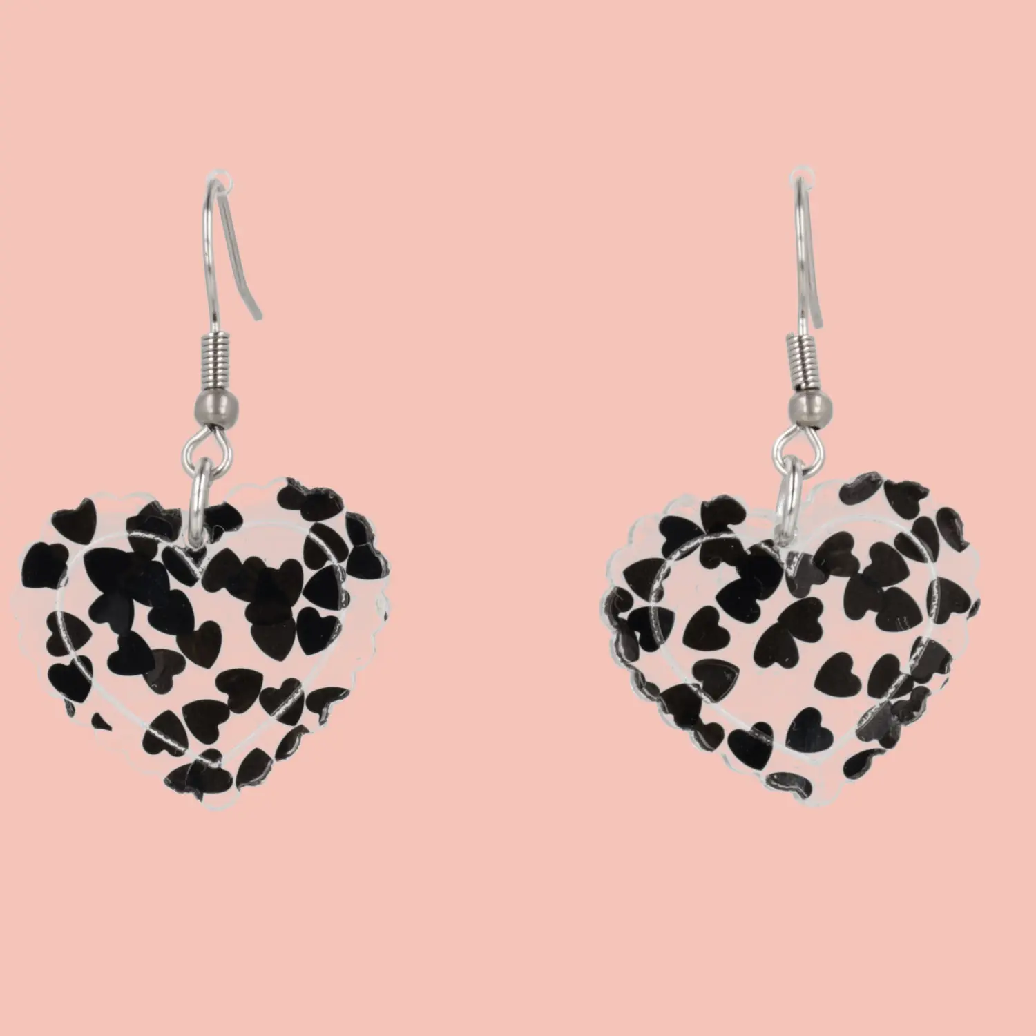 Black Confetti Heart Earrings