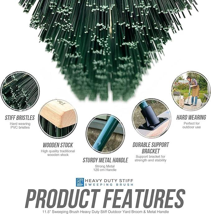 Heavy Duty Stiff Outdoor Yard Broom 11" Sweeping Brush with Metal Handle Comfortable 4