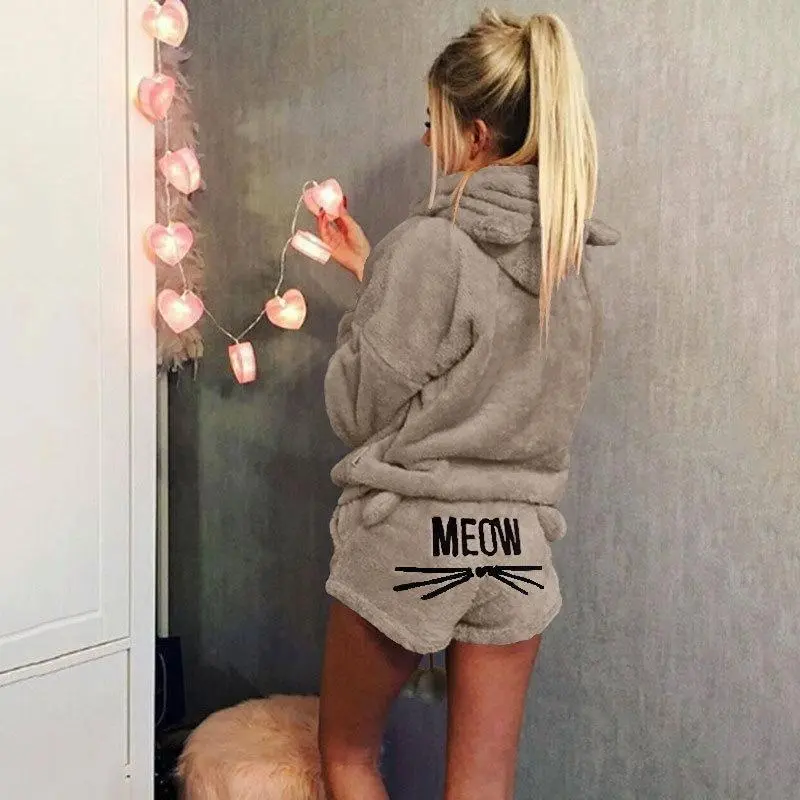 Women Coral Velvet Pajamas Set Autumn Winter Warm Pajamas Two Piece Set Sleepwear Cute Cat Meow Pattern Hoodies Shorts Set Loungewear Womenswear 8