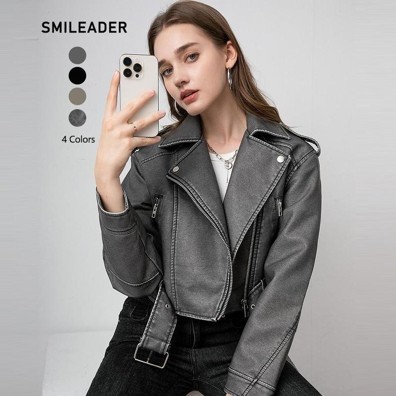 【2025】Premium Faux Leather Jacket coat  for Women,Solid Color Pocket Zipper PU Cropped Collared Long Sleeve Biker Faux Leather Jacket, Street Fashion Casual with Removable Belt Zipper Pocket for Autumn&Winter,New year/Christimas gift,fast delivery 1