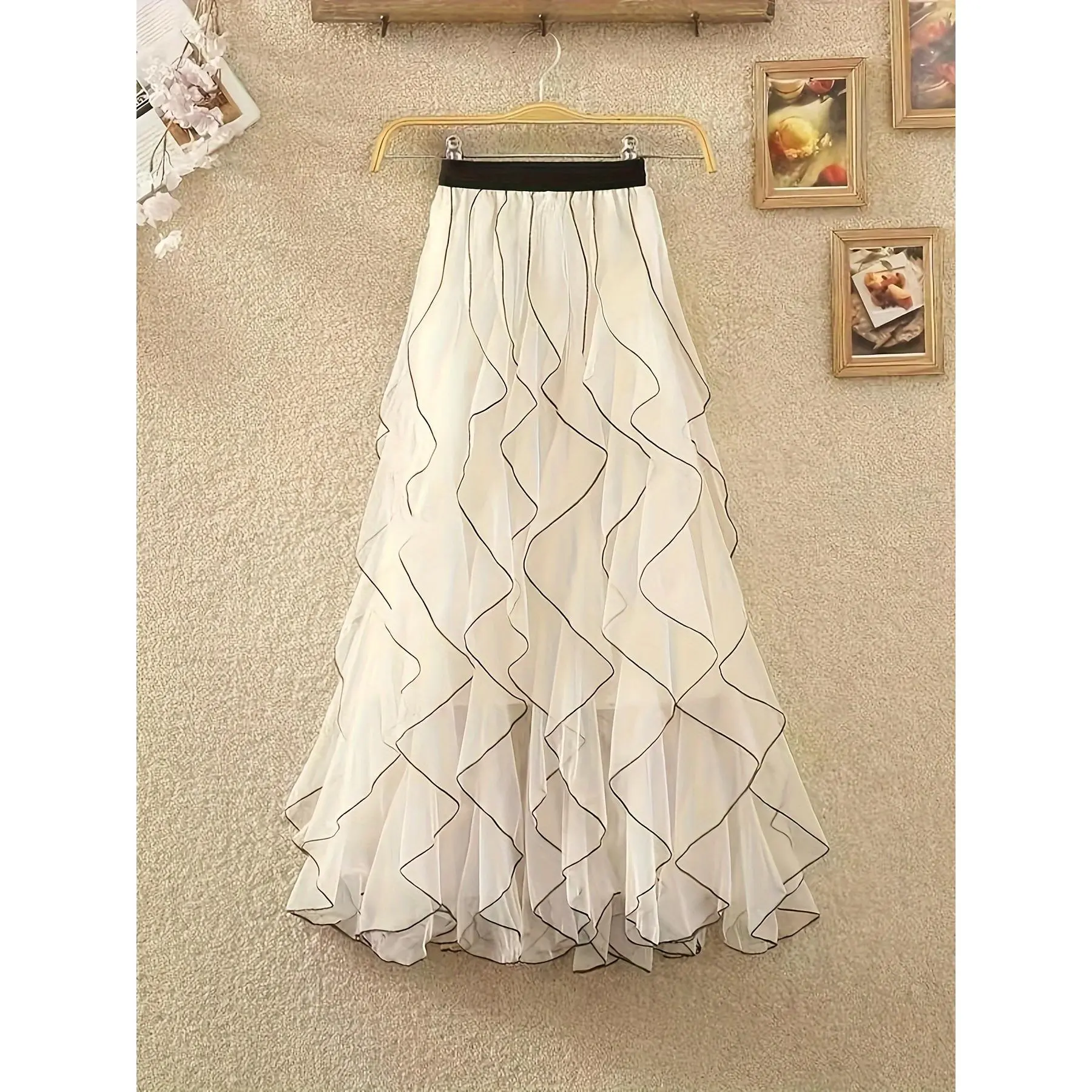 Elegant High-Waist A-Line Midi Skirt with Wave Pattern & Ruffle Hem - Breathable Tulle, Non-Sheer - Perfect for All Seasons