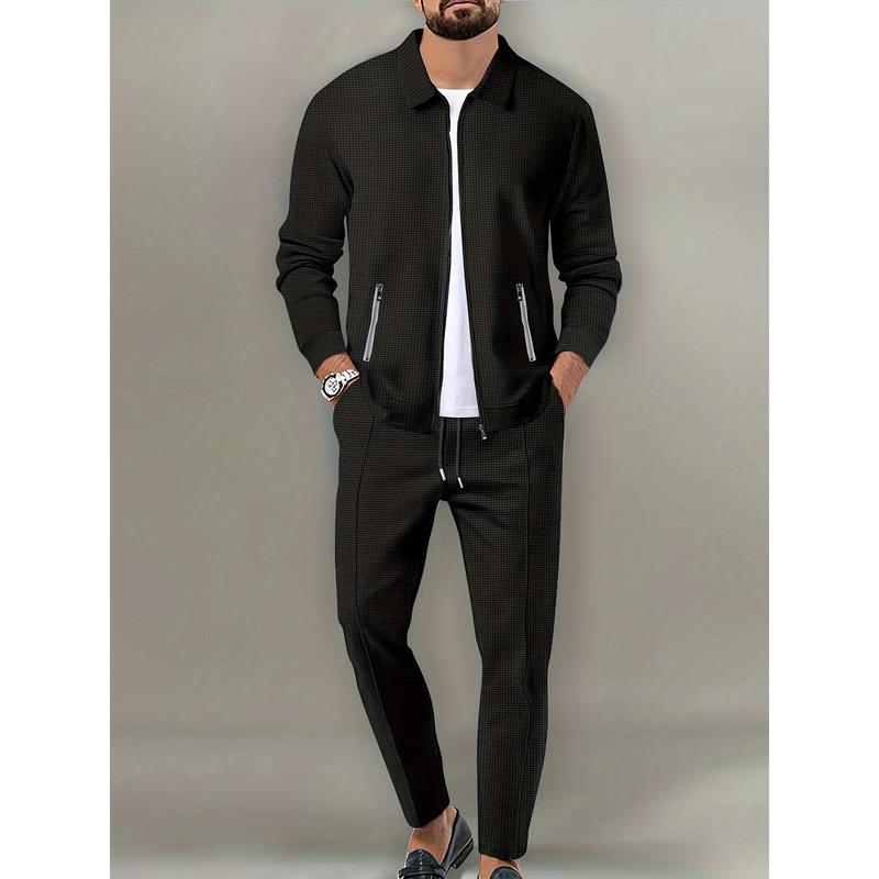 [2-Piece Breathable Comfy Outfit] Men's Casual 2-Piece Outfit, Solid Color Jacket & Drawstring Pants Set, Breathable Comfy Full Zip Jacket & Pants Set 4