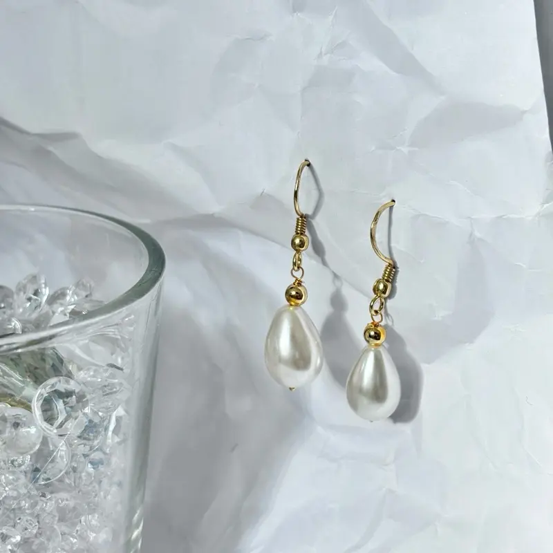 Water Drop Shaped Pearl Dangle Earrings for Women - Nickel Free Golden Hook 1