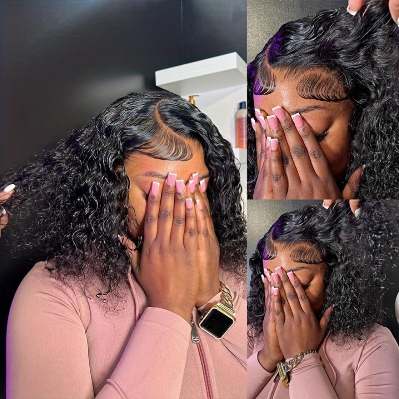 150% Density 13x4 Lace Front Human Hair Wig Short Curly Bob Lace Front Human Hair Wigs PrePluck With Baby Hair Water Wave Frontal Wigs For Women Deep Wave Lace Wigs 5