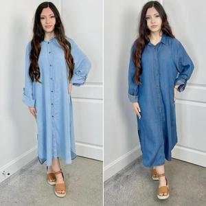 Denim Elegance Shirt Dress for Women, One Size UK 8-16, Casual Style - Womenswear Comfort Basic Long Sleeve Collared. Plus Size Available