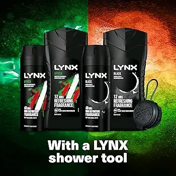 LYNX Africa & Black The Deodorant Gift Set Shower Tool, 2x Body Wash & 2x Body Spray - Perfect for His Daily Routine - 4 Piece - Cosmetic, Body Care Cleansing Fragrance 1