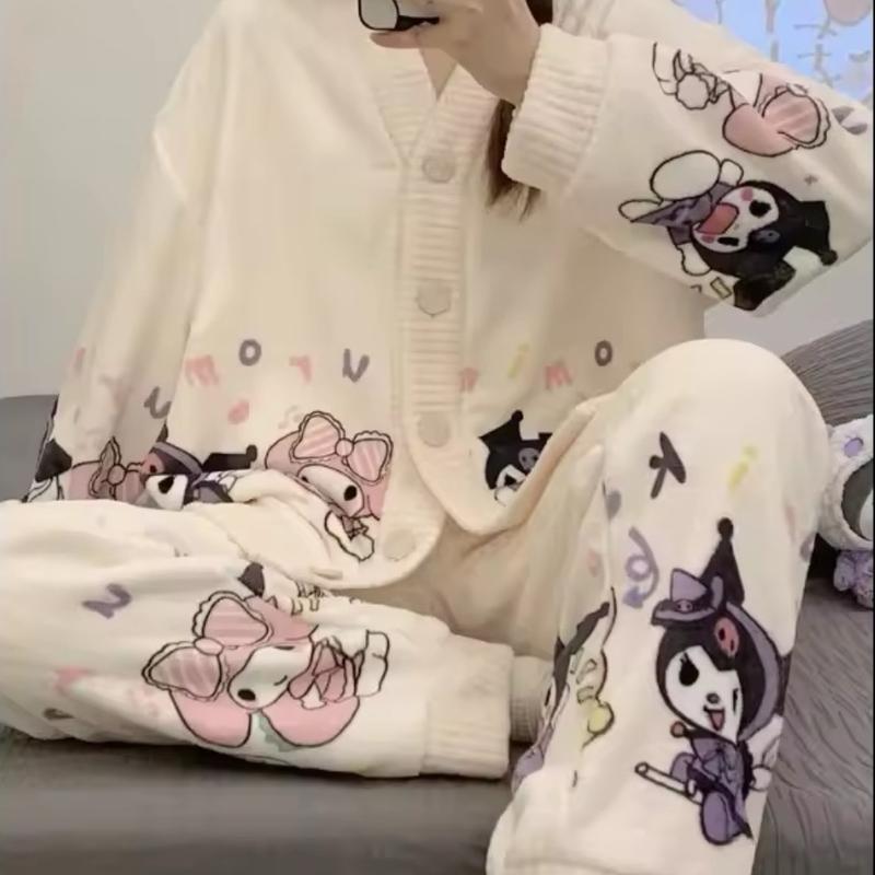 Kulomie Women's Winter Coral Fleece Hello Kitty Cartoon Loungewear Set - Womenswear, Clothing Suits Comfort Pajama Set Long Sleeve Comfortable Nightwear Casual Cute Flannel Style Homewear Pjs Longsleeves 4