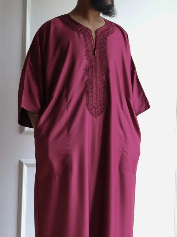 Classic Premium Summer Moroccan Thobe | Gabardine | Double Pocket | Elegant Embroidered Gandoura for Men 5