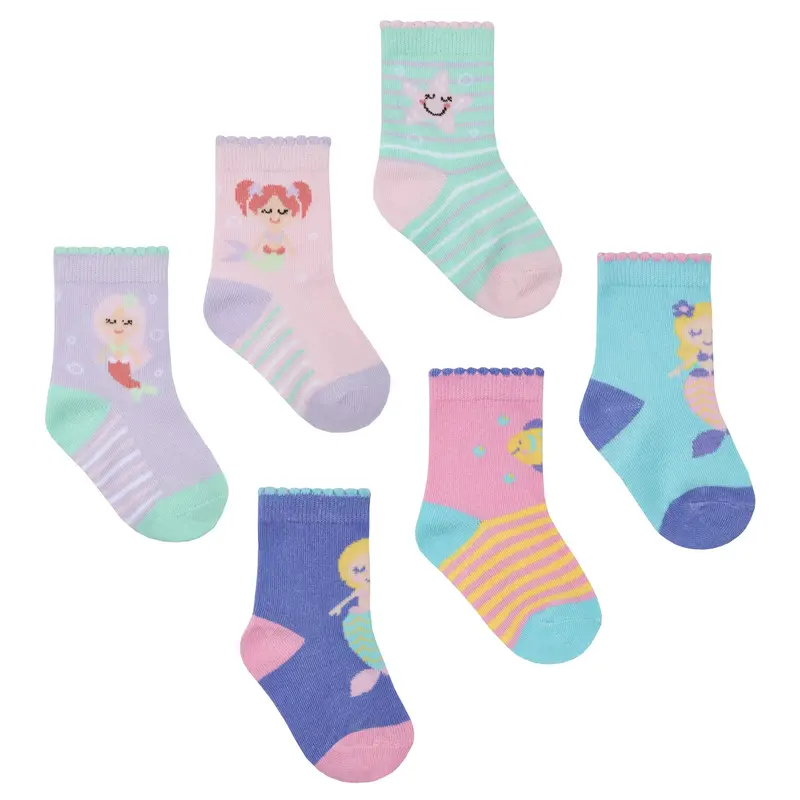 Baby Girls Novelty Socks, Cotton Rich, 6 Pair Pack, Mermaid Theme, Newborn Gift, Shoe Size UK 0-0 (EU 0-15), Various Colours 0
