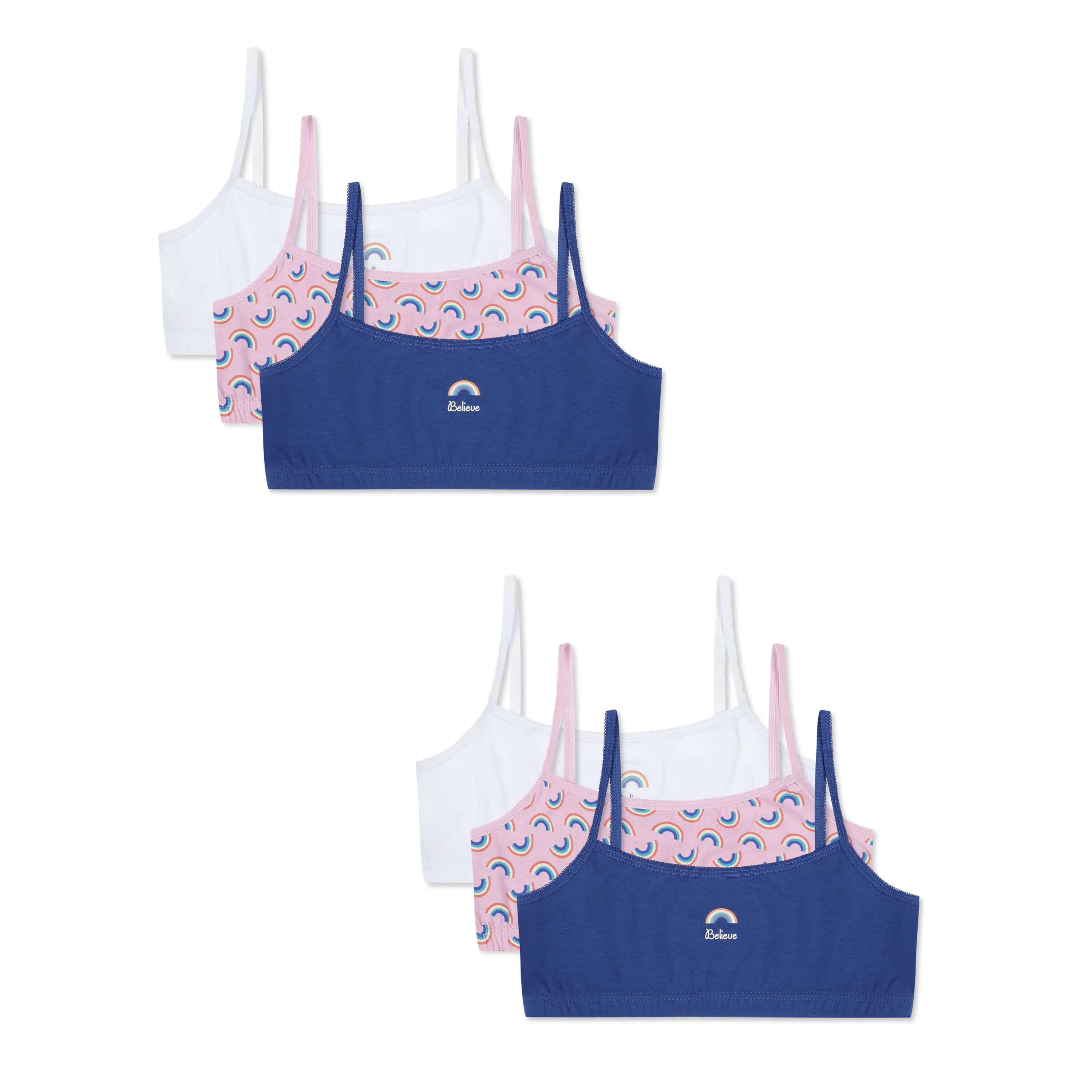 6 Pack Girls Cotton Crop Bra Tops Rainbow Print Soft Bralettes 6 to 13 Years New