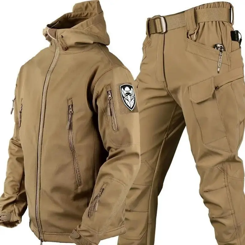 Outdoor Shark Skin Warmth Set Camo Plush Thickened Coat Autumn/Winter Racing Top Does Not Include Cuff Logo Pattern Cotton Menswear Soft Clothing
