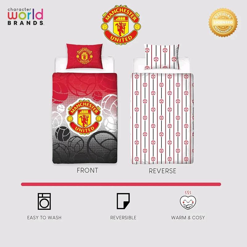 Manchester FC Character World  Single Duvet Cover Set, Crest Design | Red Reversible 2 Sided Football Bedding Cover Official Merchandise Including Matching Pillow Case 3