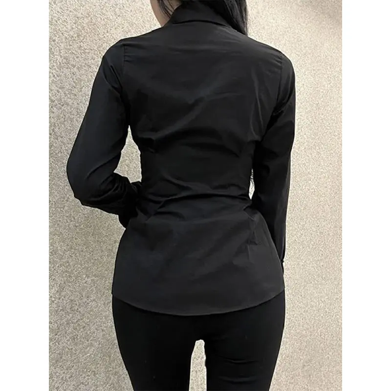 MEXZT Y2K Women Slim Blouses Office Lady Fashion Long Sleeve Folds Chic Shirt Vintage Streetwear Korean Sexy Skinny Casual Tops 4