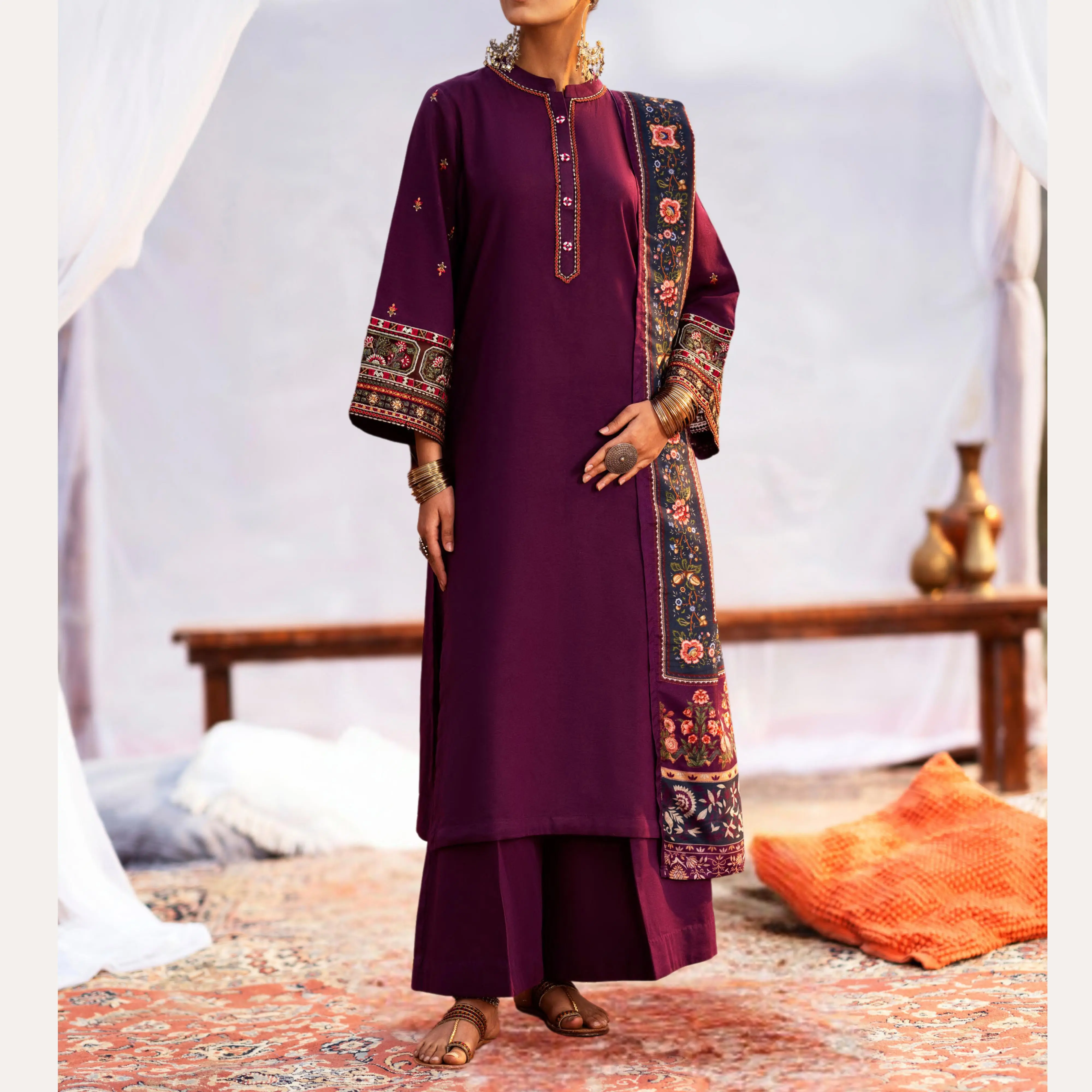 3 Pc Embroidered Khaddar Ready to Wear | Casuallite | Plum