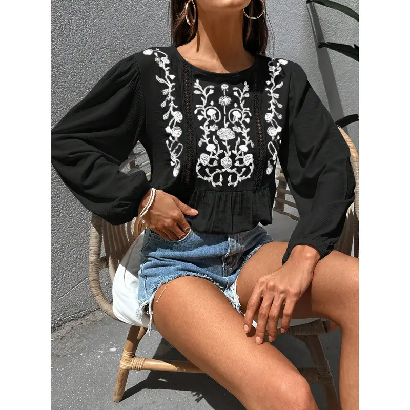 ​Women's TopsWomen's Flower Embroidery Long Sleeve Shirti Crinckle Fabric, Boho Style, Slice Lace Detailed【S12】 Top Womenswear Blouse Comfort Black Casual Crewneck Floral Bohemian Fitted cold  shoulder  tops shirts  women 6