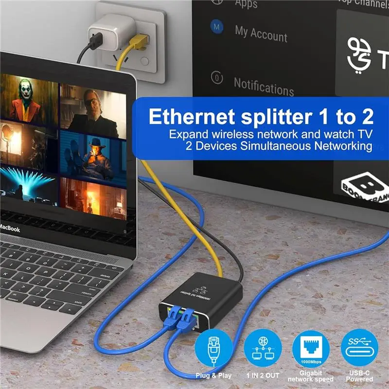 Ethernet Splitter 1 to 2, Gigabit Ethernet Network Switch, 1000Mbps RJ45 Internet Splitter Network Splitter with USB-C Power Cable for Computer, Laptop, Hub, Switch, Router, Set-Top Box, Model: LAN Splitter 1 à 2 6