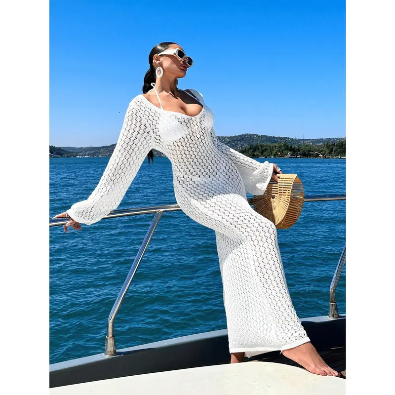 Women's Solid Color Long Knit Sheer Cover Up Dress For Daily Wear, Summer Beach Vacation Casual Fit Party Minimalist Womenswear Sleeve Comfort Fabric Basic Festival 3
