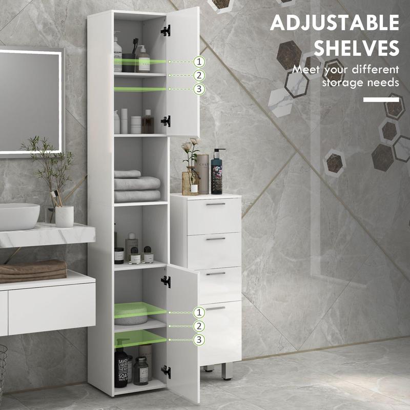Tall Slim White High Gloss Bathroom Cabinet with Multi Storage by Kleankin 4
