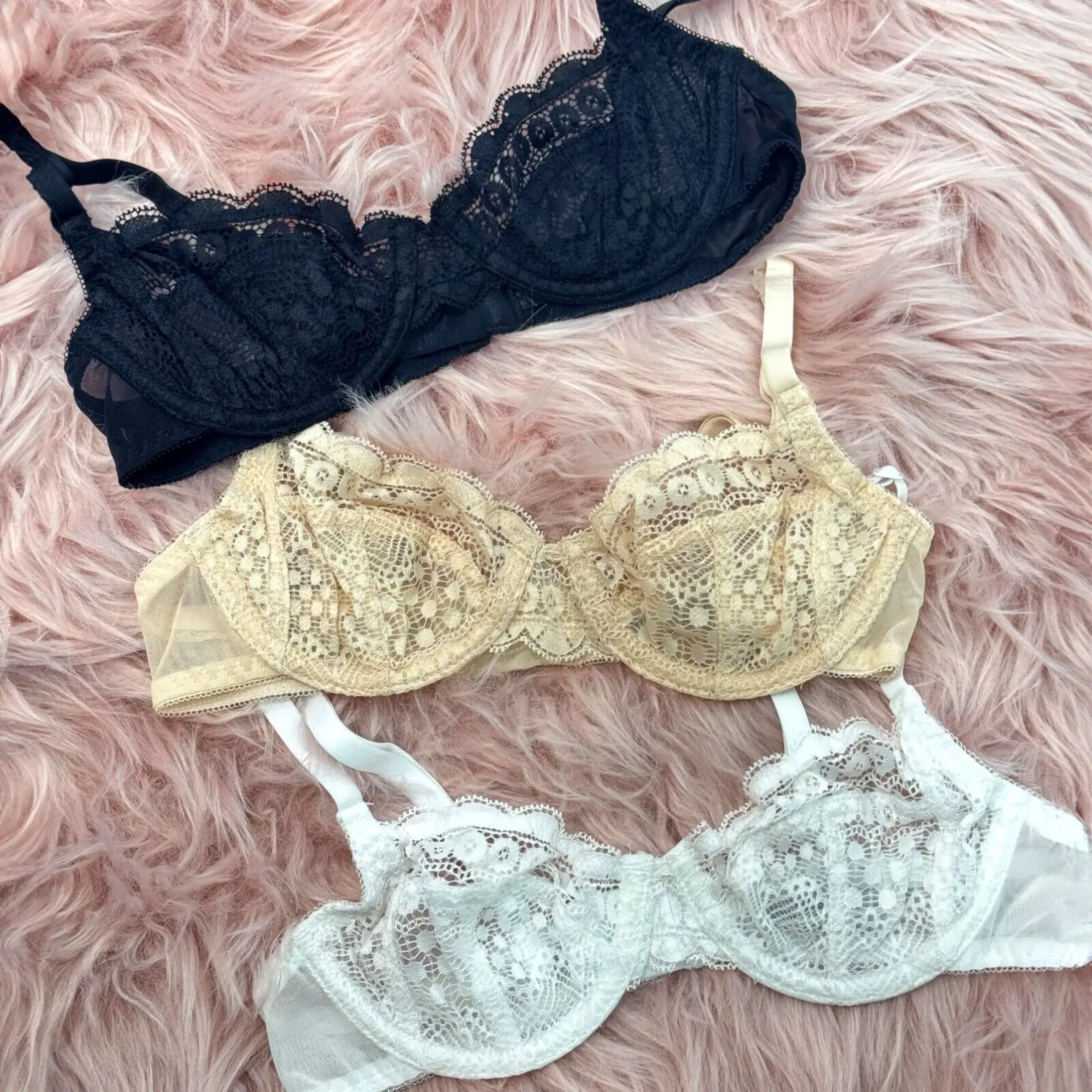 3 PACK - NON PADDED UNDERWIRED LACE COMFORT BRA BLACK WHITE NUDE BRALETTE