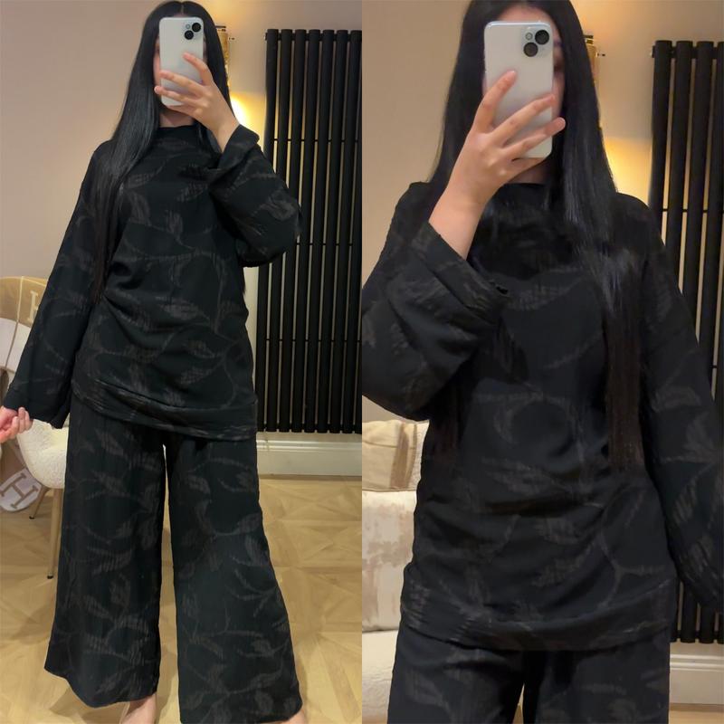 Product Introduction of Ladies Leaf Embroidered Two Piece Co-Ord Set Womens Floral Embossed Chic Elegance Crew Neck Top With Wide Leg Trousers Suit Womenswear Printed Modest Clothing Everyday Summer Vacation Wear Comfort Suit Long Sleeve 11