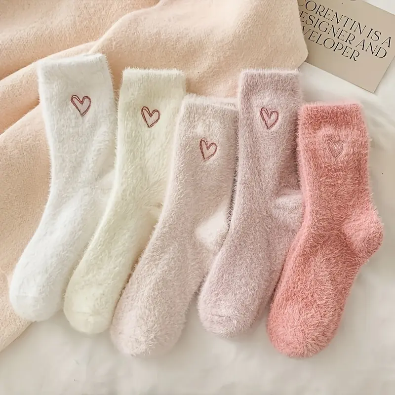 ORACEGRA        5 Pairs of Breathable and Warm Women's Mid - Calf Socks with Embroidered Heart Pattern - Plush Fleece Lined, Crafted from 97% Polyester and 3% Spandex Knit Material, Hand - Washable. A Great Present for Girlfriend, Wife or Mother. 7