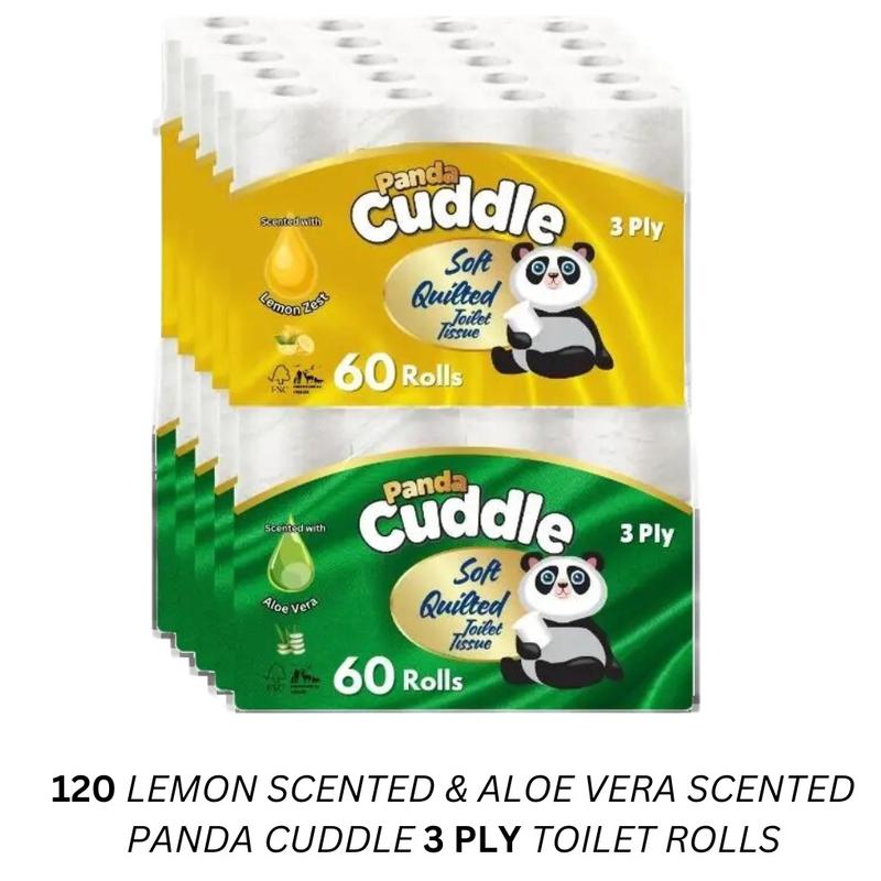 120 Panda Cuddle 3 Ply Toilet Rolls, Aloe Vera & Lemon Scented Wall-Mounted Tissue, White - Executive Design - Lightweight, Towel Wipes Napkin 0