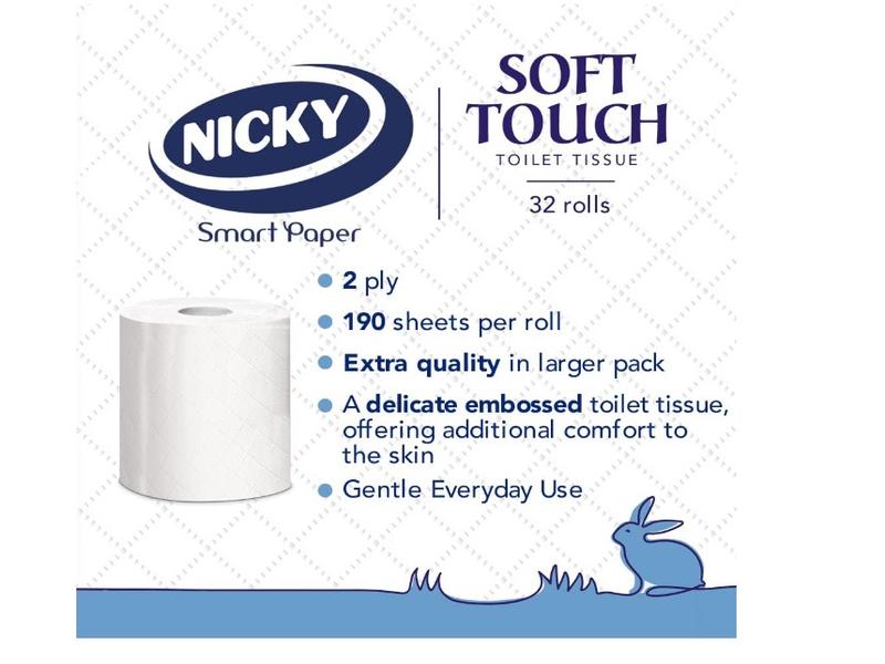 Nicky Soft Touch Toilet Tissue |Extra Value Pack – 32 Rolls of Extra Gentle White Toilet Paper |190 Sheets per Roll| 2-ply | Soft Tissue | Modern Embossing |Easy Opening | 100% FSC Certified Paper Wipes 2