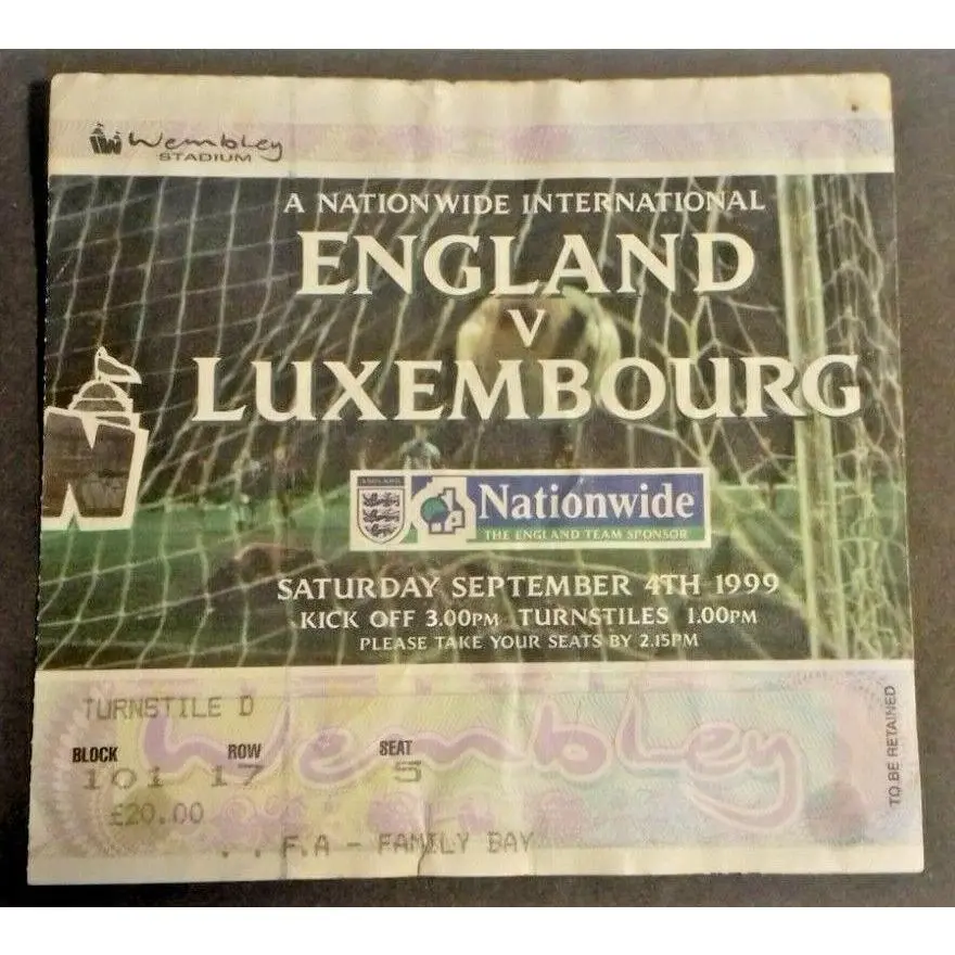 England v Luxembourg International Match Ticket Sept.4th 1999 Wembley Stadium.