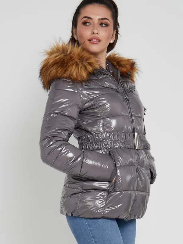 Love Sunshine Shiny Belted Puffer Coat with Faux Fur hood Fitted Pocket Jacket Women Womenswear Outerwear 3