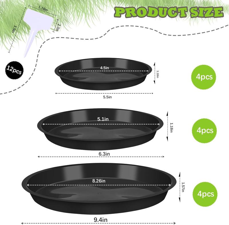 12Pcs Plant Pot Saucers with Label, Black Plant Saucer Waterproof Plant Tray Flower Pot Drip Tray for Indoor Outdoor Garden Plants (14 cm/16cm/24cm, Black) 1