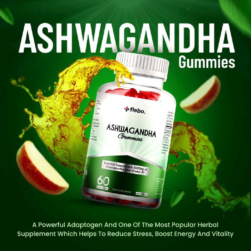 Flebo Vegan Ashwagandha Gummies | 60 Two-a-Day Gummies | Natural Stress and Anxiety Relief | High Strength Ashwagandha with Vitamin B6 | Apple Flavour Healthcare Fitness Dietary 2