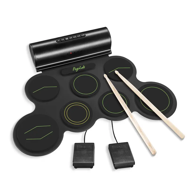 POGOLAB Roll up Drum Mat, 7 Pads Electric Drum Kit, Portable Digital Drum Practice Pad with Dual Stereo Speakers/Drumsticks/Earphone Slot, 10 Hour runtime, Christmas Birthday Gift for Kid Beginner 7