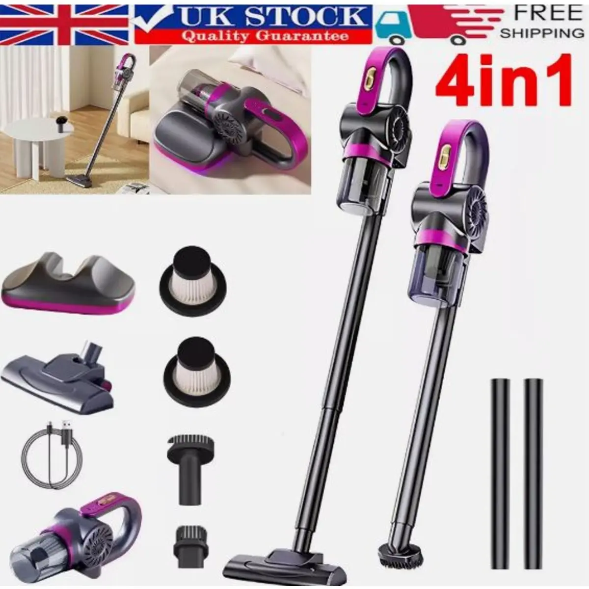 4 in 1 Stick Handheld Vacuum Cordless Vacuum Cleaner for Carpet, Floor, Pet Hair - USB