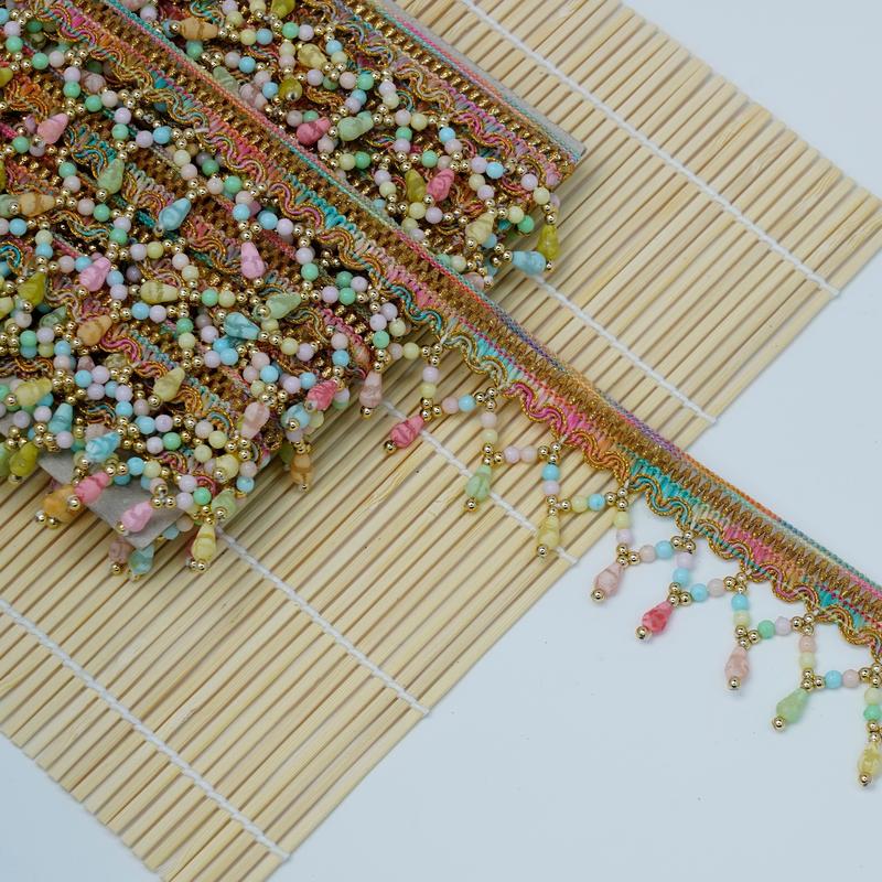 2 Yrds Beaded Multicoloured Fringe Scalloped Shape Pearl Vintage Style Trim Ribbon Sewing on Edging Perfect for adding a touch of vintage charm to wedding stationery or craft projects Decoratiing Lamp Shade,Curtain edging,table cloth edging Decoration 4
