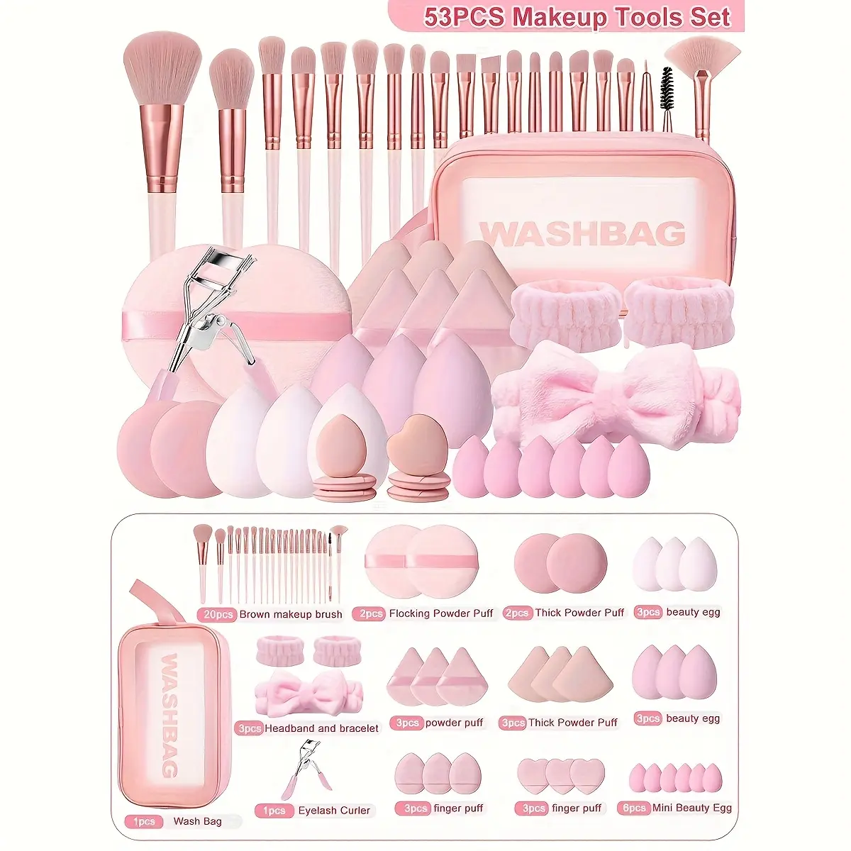 The 53pcs Makeup Tool Set Includes: 1 Multifunctional Waterproof Toiletry Makeup Bag, 20 Makeup Brushes, 6 Beauty Sponges, 6 Mini Beauty Sponges, 6 Triangular Powder Puffs, 6 Mini Cushion Puffs, 4 Round Powder Puffs, 1 Eyelash Curler, 1 Headband, And 2 Wr