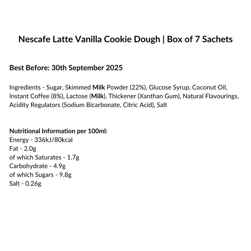Nescafe Latte Vanilla Cookie Dough | 6 packs of 7 sachets (42 Sachets Total) | bb 30th September 2025 1