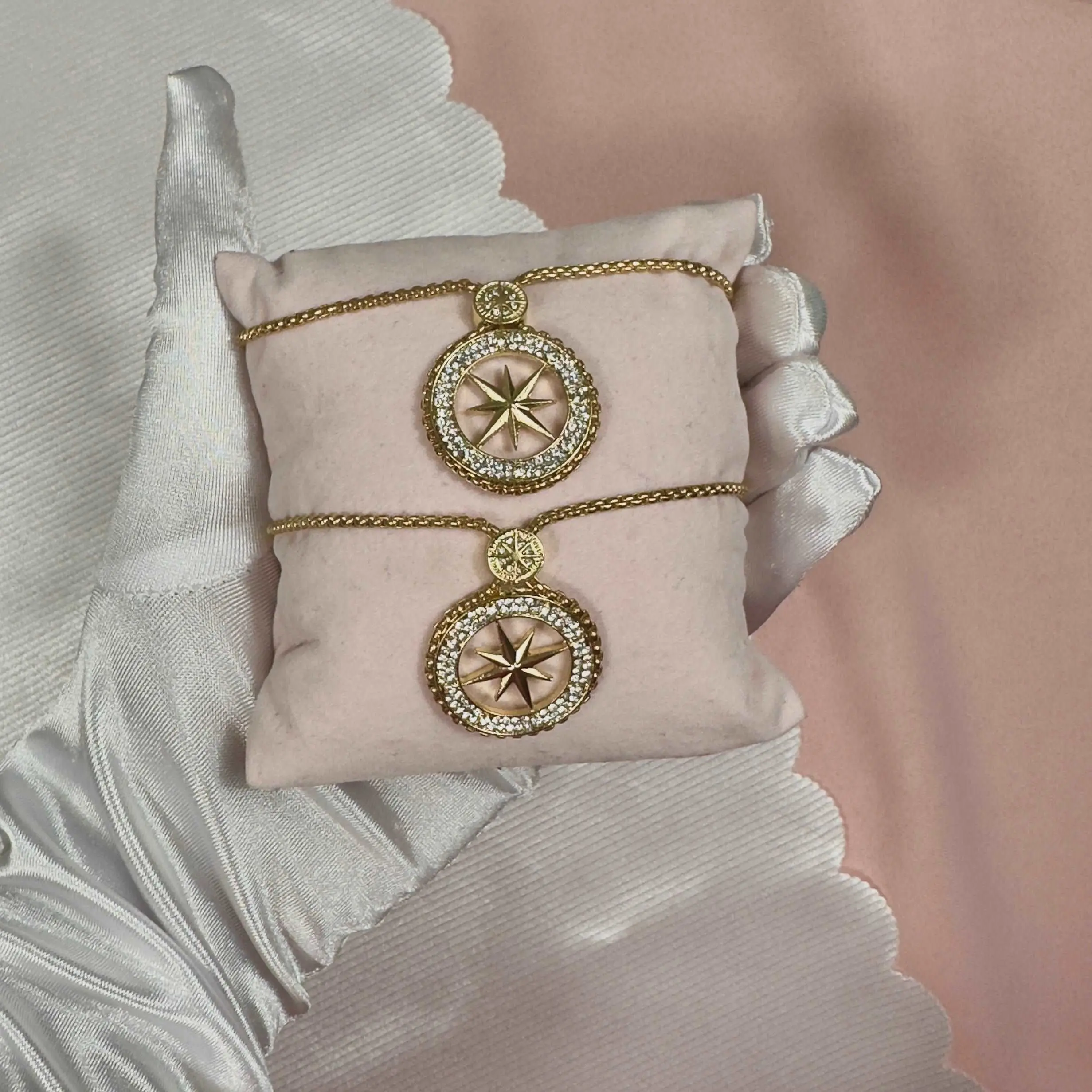 'Navi' - Gold Zirconia Adjustable Compass Pendant Rope Necklace