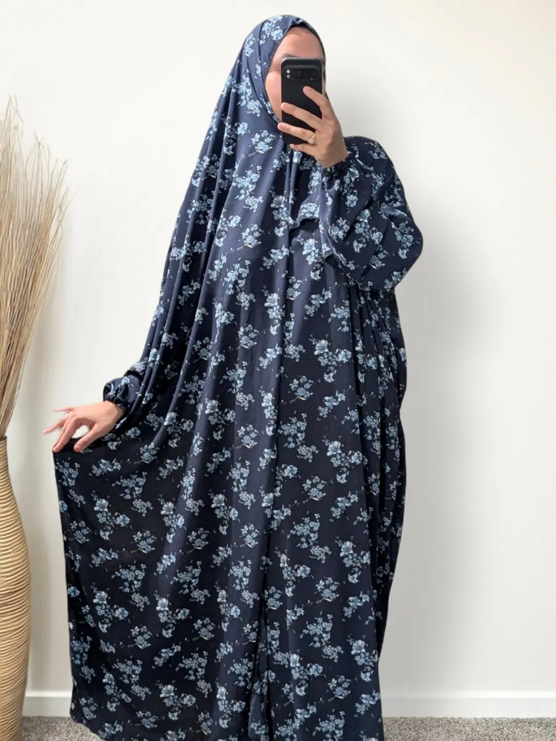 Steel Blue Floral Prayer Abaya with Pockets, Personalised Custom Attached Scarf & Tailored Length Option - Ookti Handmade Modest Muslim Women Clothing