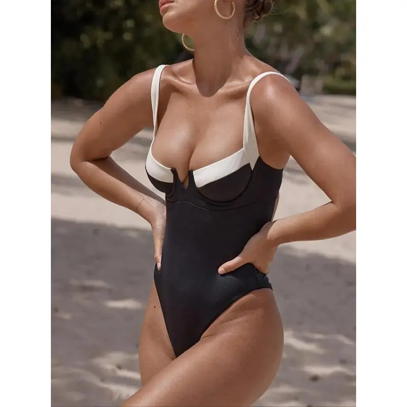 Women's Colorblock One-piece Swimsuit, Casual Sleeveless Swimwear for Summer, Ladies Swimsuit for Beach Holiday Vacation