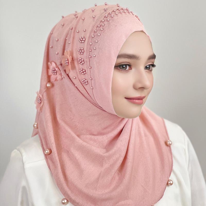 Luxurious Pearl Flower Instant Hijab - Soft, Breathable, Solid Color Pullover Bandana for Casual Outdoor Sunscreen and Head Wrap - Elegant, Comfortable, and Versatile Fashion Accessory 0