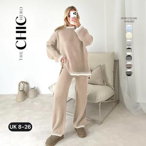ChicHero Contrast Trim Knitted Jumper and Wide Leg Trousers Two Piece Casual Set Basic Women Womenswear Clothing Dressy Elegance Fit Overall